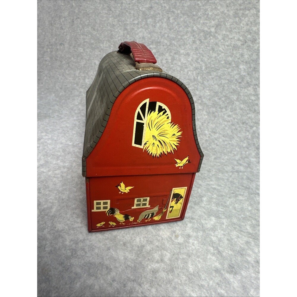 Vintage 1950s American Thermos Brand Red Barn Metal Dome Lunchbox Rustic Patina - Picture 4 of 7